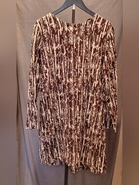 attention Brown and White Abstract Print Long Sleeve Dress Women's Size XL